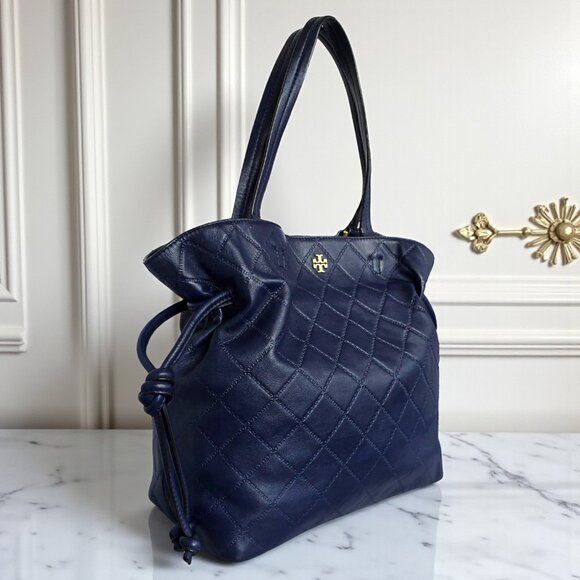 Tory Burch Georgia Quilted Leather Tote Navy Blue Slouchy Golden Hardware - Picture 16 of 17